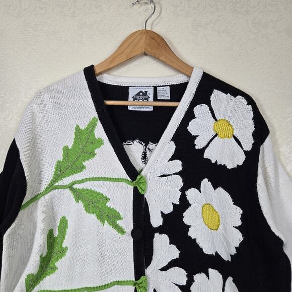 VTG Storybook Knits Cardigan Sweater sz 1X White Black Green Floral Colorblock - Picture 2 of 15